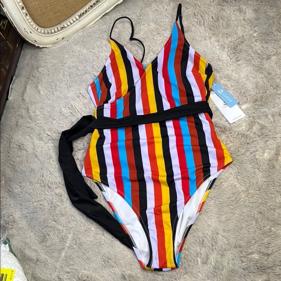 Cupshe | Multi Color Stripe Front Cross One Piece Swimsuit, Black Belt, NWT - Picture 2 of 11